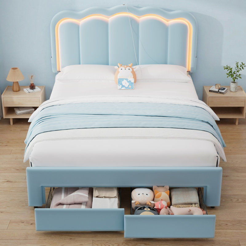 Daphne Upholstered LED Bed Frame With Drawer & Adjustable Headboard, Kids Beds, Queen, Blue