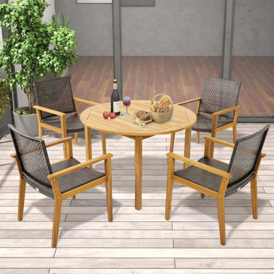 Tieron 4 - Person Acacia Wood Patio Dining Set with Round Table