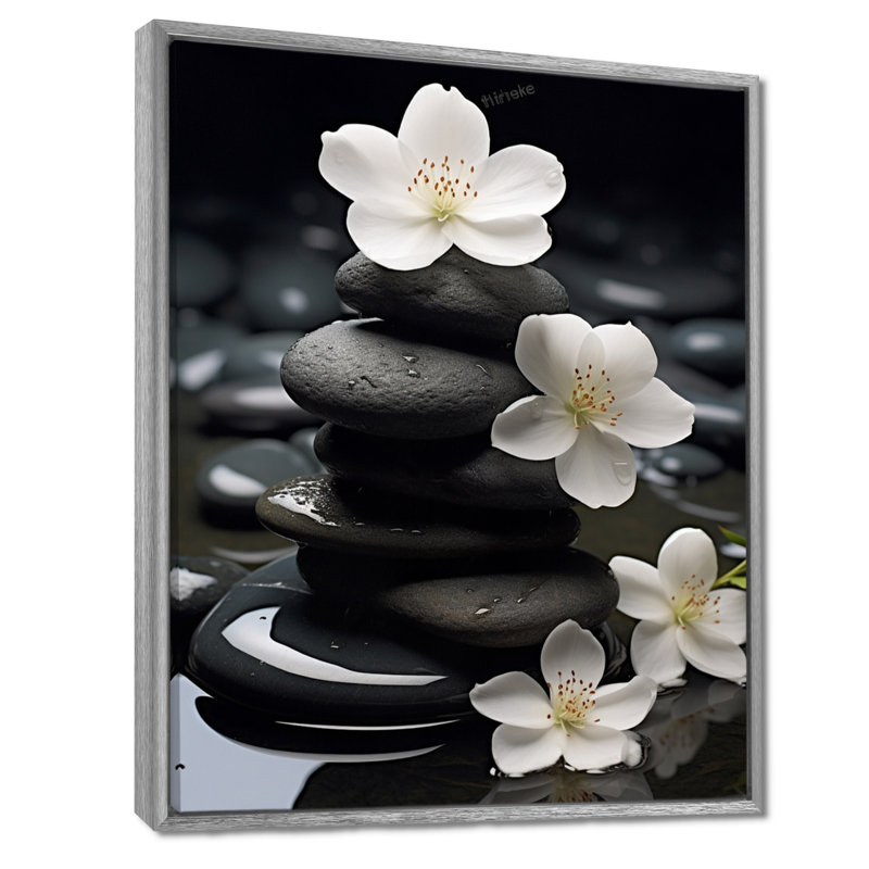 Zen Zen Serenity fleurs blanches pierre noire Cairn - impressions spirituelles sur pierre, H 32 po x l 16 po, Argent argent
