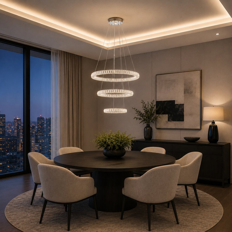 4-Light 3-Tier Dimmable Chrome LED Chandelier With Clear Crystal Accents