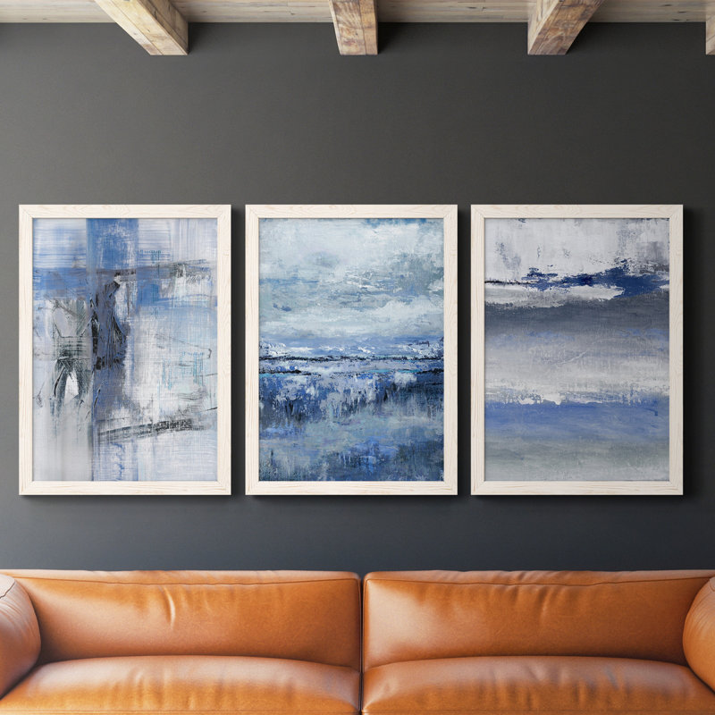 «Soft Solace Indigo», ensemble de 3 peintures sur toile encadrées, Blanc, H 31,5 po x l 47 po x P 1,5 po