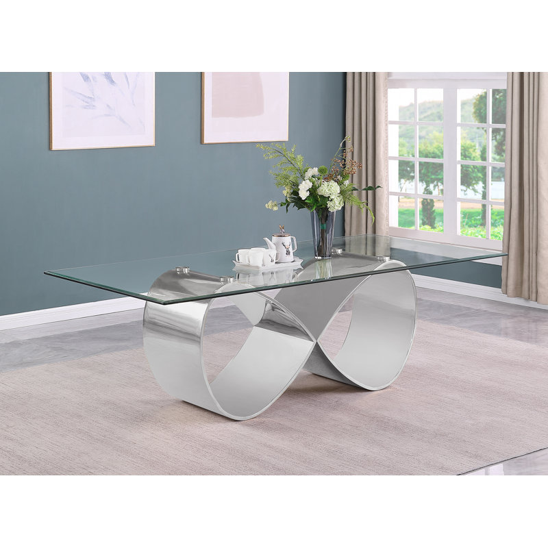 Table de salle à manger Grand en verre trempé avec base en acier inoxydable, H 30 po x L 78 po x l 42 po, Argent argent