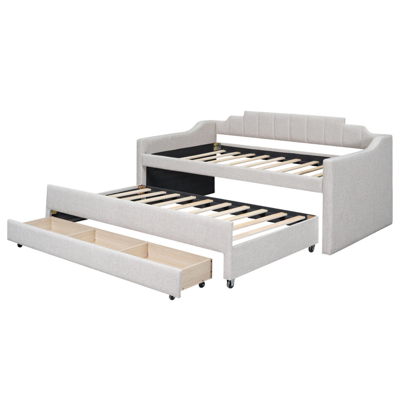 Lit de jour simple tapissier avec lit gigogne et trois tiroirs, Beige