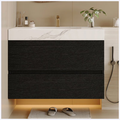 Meuble-lavabo flottant mural moderne 30 po avec comptoir en faux marbre et lavabo encastré en céramique