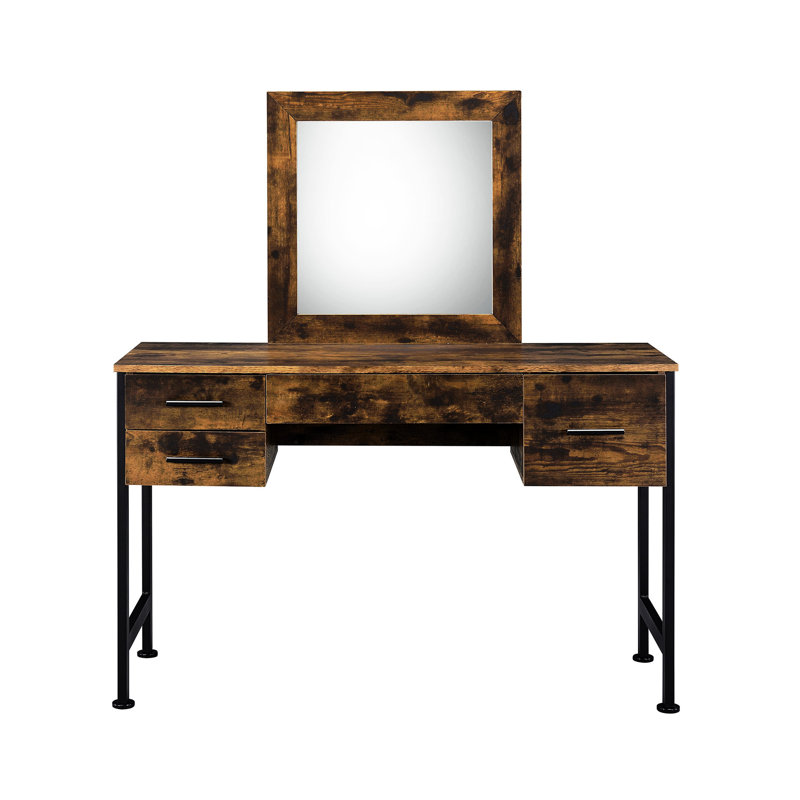 4 - Drawer Vanity , Rustic Oak And Black Metal, 18"L X 18"H Mirror, Side Metal Glide Benefit With Storage Drawers, Cosmetic Solution