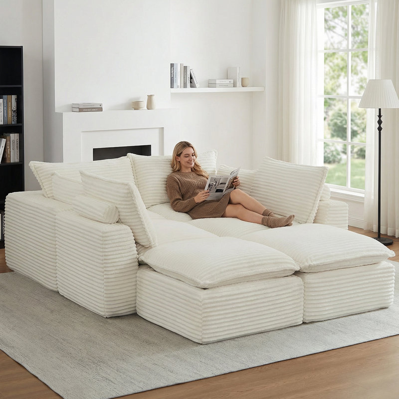 Boneless 140.5" Corduroy Sectional Compression Sofa 6 Seat Boneless Modular Deep Seat Cloud Couch With Movable Ottomans & Pillows, No Assembly Required