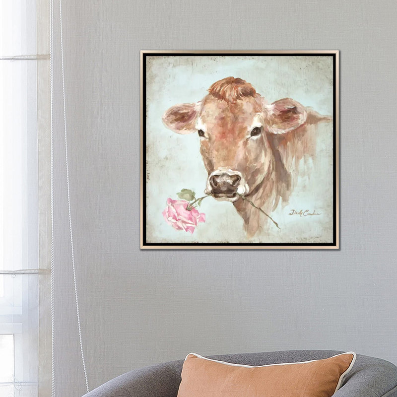 « Cow with Rose », reproduction, H 18 po x l 18 po x P 1,5 po, Toile champagne avec cadre flottant