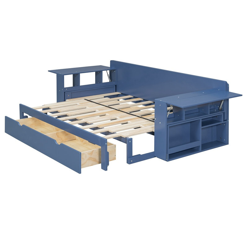Multifunctional Daybed with Removable Desk, Storage Drawers & Hydraulic Side Table, Space-Saving Sofa Bed Frame, Blue