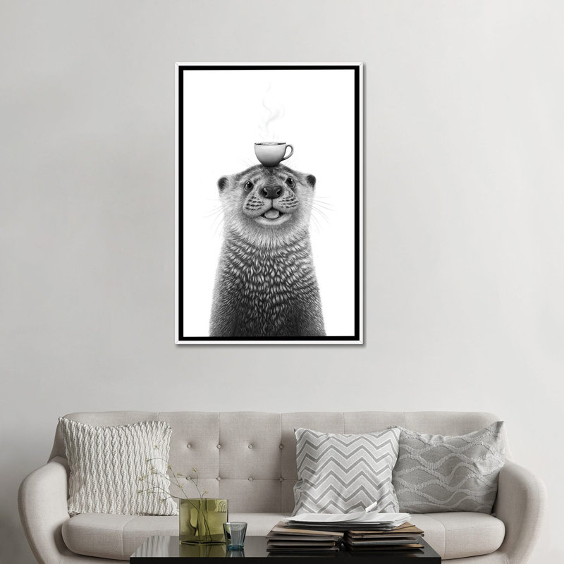 Loutre avec café - reproduction d'art murale - toile encadrée, 48" x 32", Toile avec cadre, Blanc
