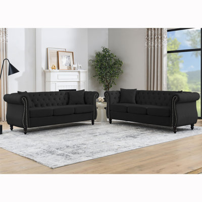 80"" Chesterfield Sofa Black Velvet For Living Room, 3 Seater Sofa Tufted Couch With Rolled Arms And Nailhead For Living Room, Bedroom, Office, Apartme -  Canora Grey, C8F9F6D1F8474CE2A654CD8E7BF9DB48