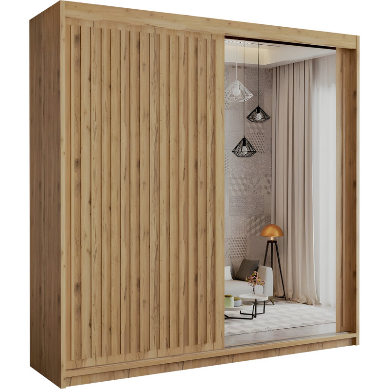 Sliding Wardrobe with Mirror Modern Bedroom 4 Colours 3 Sizes, Oak, 217cm H X 150cm W X 62cm D