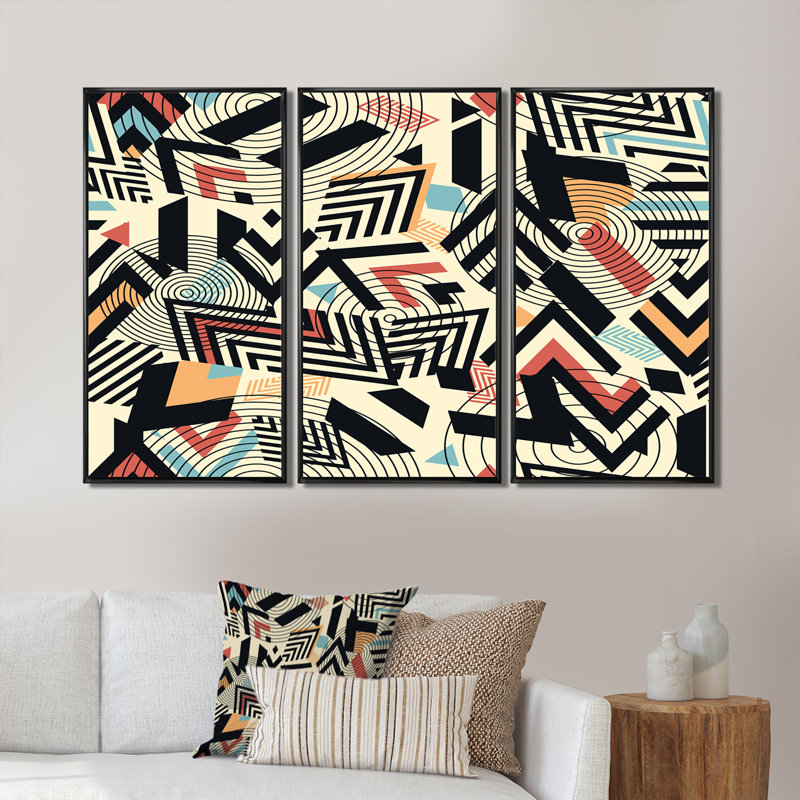 «Retro Geometrics In Blue Orange and Black», ensemble de 3 reproductions d'art encadrées sur toile, Noir, H 28 po x l 36 po