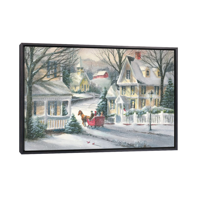 Reproduction d’art « village Sleigh Rider » par George Bjorn, Toile avec cadre noir patiné, Pas de tapis