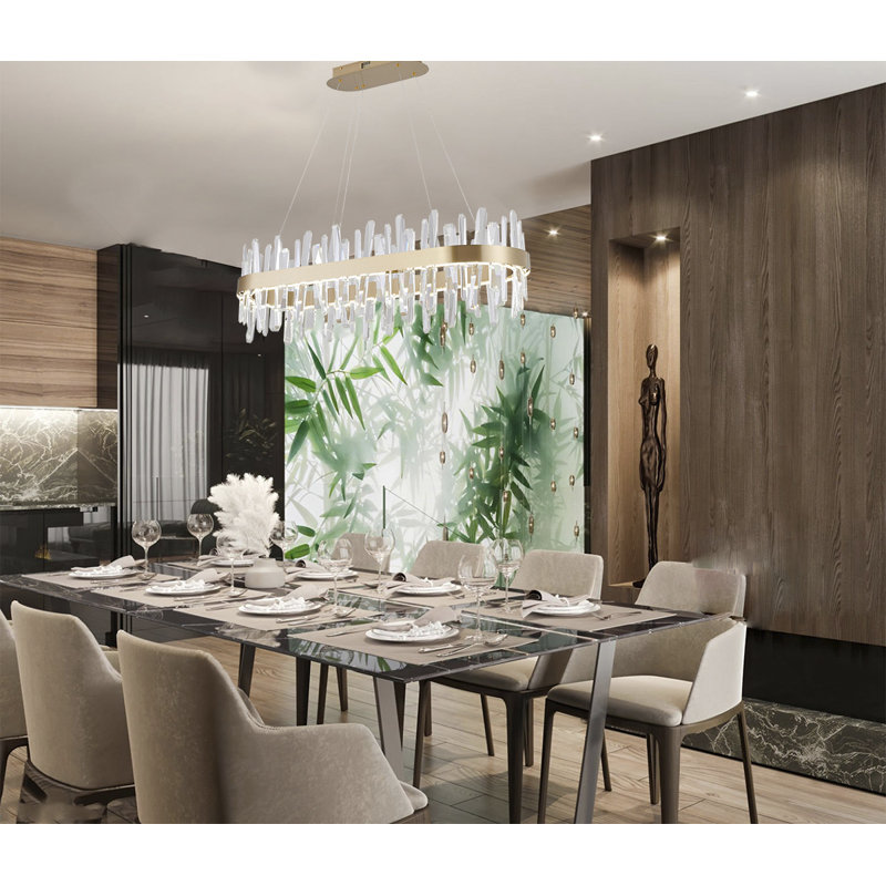 This Exquisite LED Chandelier Is In A Gold Finish. The Frame Is Made Out Of Stainless Steel In An Oval Shape, And The LED Bulbs Are Integrated Into The Frame. It Also Comes With Clear Crystal Accents. The Adjustable Cord Links Make This Fixture Suitable F