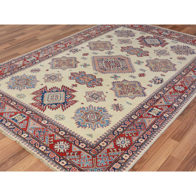 Tapis beige / rouge en laine noué à la main de conception unique 6 pi 4 po x 9 pi 5 po Bechtold