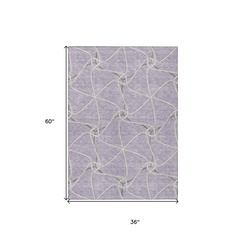 3' X 5' Lavender And Ivory Geometric Washable Indoor Outdoor Area Rug