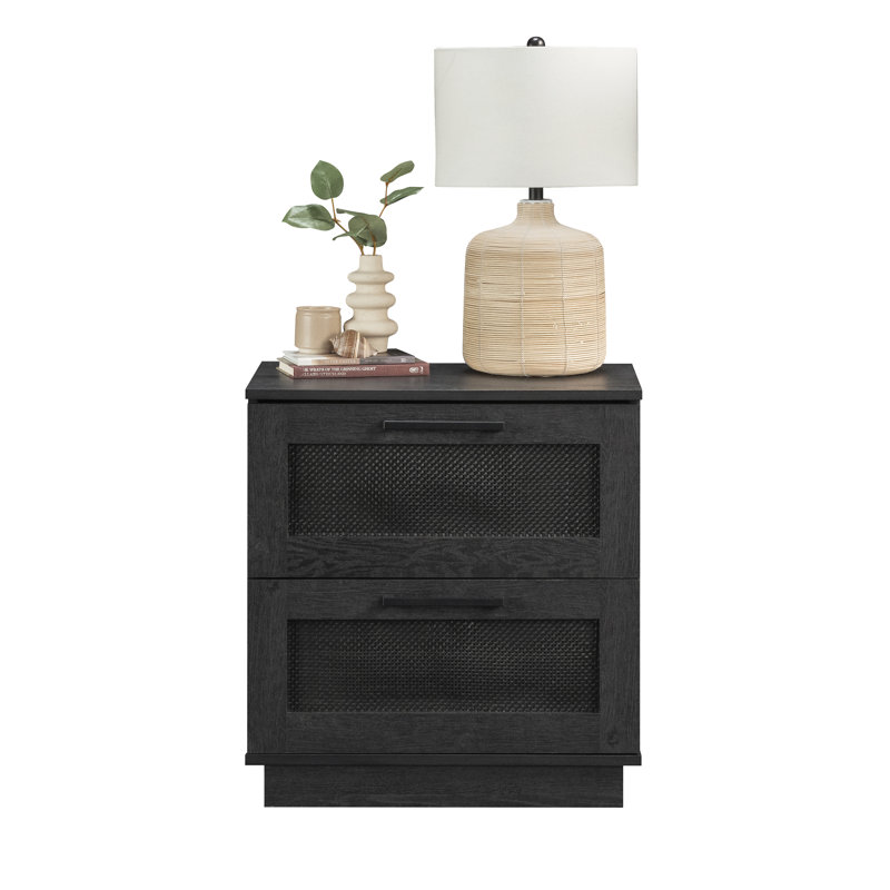 Raven Oak 2-Drawer Rattan Nightstand
