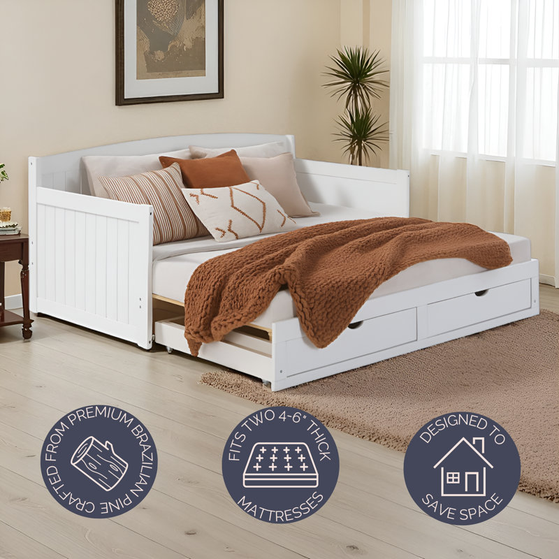 Harmony Daybed with Pop-Up Trundle and Storage Drawers, White, White