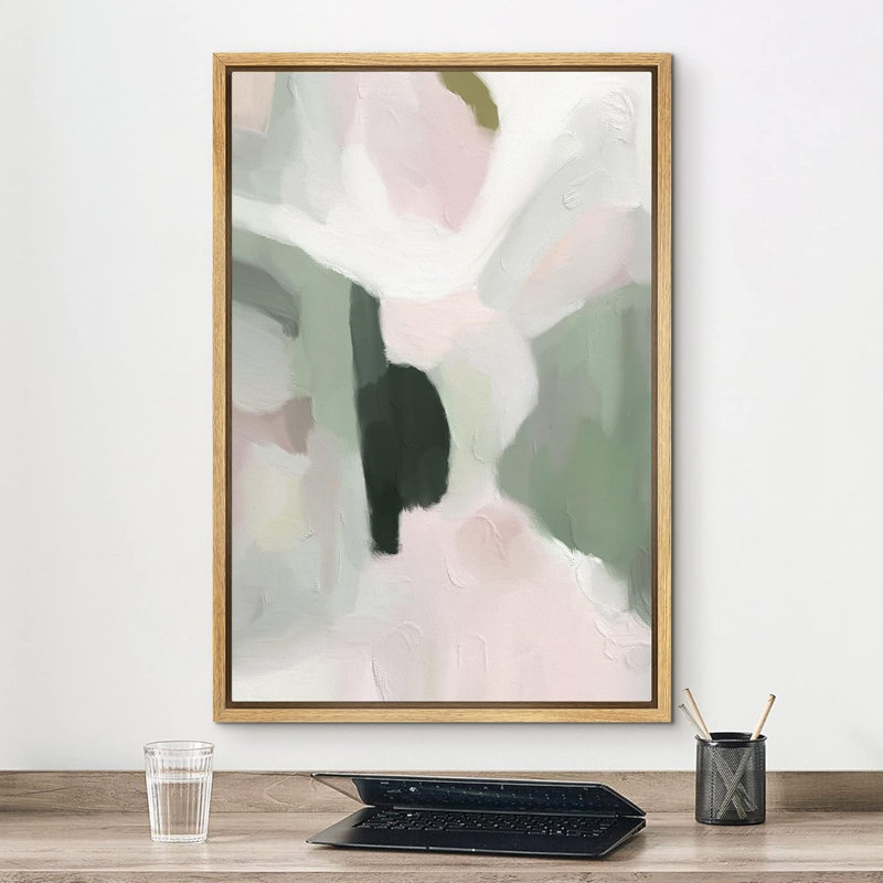 Abstract Colorful Strokes Green Pink Watercolor Framed On Canvas Print, 24" H x 16" W x 1.5" D, Natural