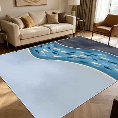1 tapis côtier minimaliste de style nautique à motif de poissons pour le salon, doux et confortable, adapté à toutes les saisons, facile à entretenir, tapis de sol intérieur lavable à la machine, sous la table de ferme convenant à la salle à manger, à la chambre à coucher, au vestibule, à la cuisine,