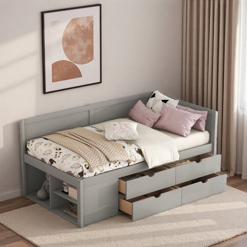 Lit de jour avec tiroirs et tablettes, Gris, Lit simple