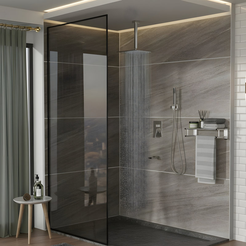 12 Inch Ceiling Mount Square Shower System  with Waterfall Tub Spout and Hand Shower, Brushed Nickel