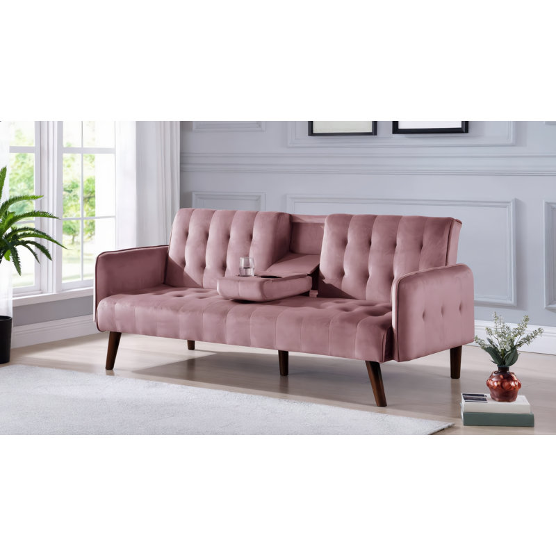 Canapé-lit rose de 72 po avec porte-gobelet et table rabattable - canapé-lit pliant convertible en lin, canapé-lit double compact pour les petits espaces, appartement, dortoir - Assemblage facile