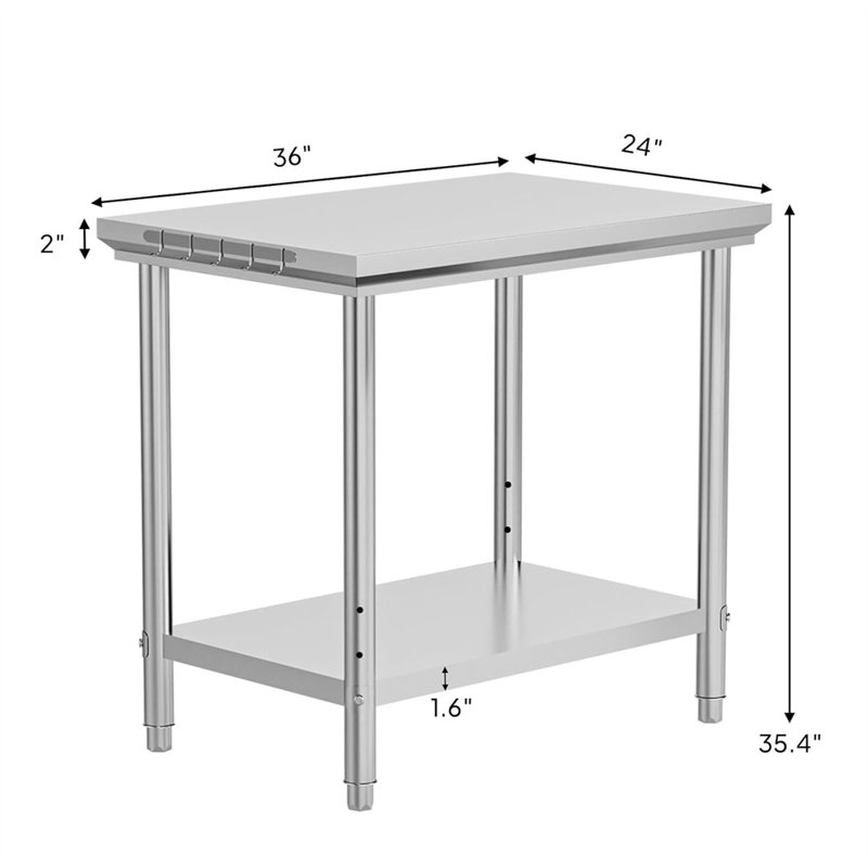 Table de préparation de cuisine 36 po x 24 po en acier inoxydable argenté avec crochets et tablette réglable