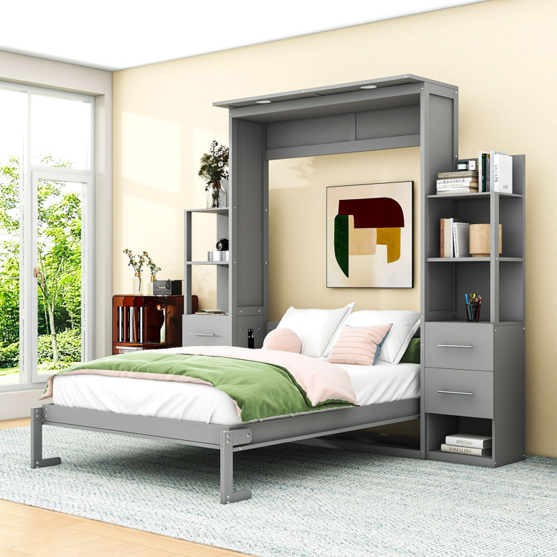 Wood Space-Saving Murphy Bed with Multi-Functionality, Full, Gray
