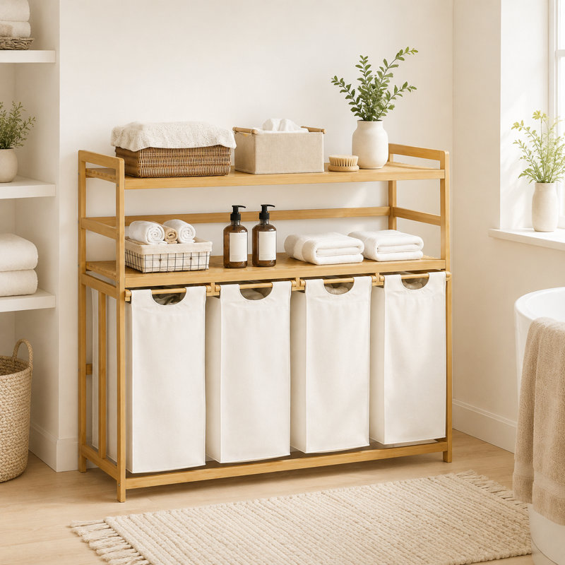 Panier à linge et tablette de rangement en bambou avec panier à linge à 4 compartiments, Blanc, 4 - 2 niveaux
