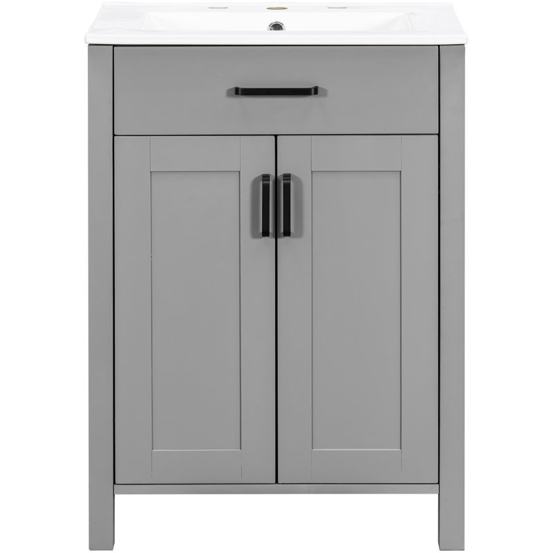 Meuble-lavabo de 24 po avec lavabo en céramique, cadre, finition peinte exquise, fonction de fermeture en douceur, tablette réglable et rangement intelligent pour votre lavabo, tiroir rabattable, double couche, rangement à charnières