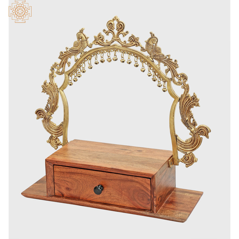 Autel de temple fabriqué à la main Jaipur, sanctuaire en bois et laiton de 20 pouces avec tiroir Prabhavali