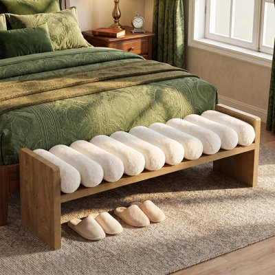 59'' Upholstered End of Bed Bench with Rolled Cushions, Wooden Entryway Bench with Cream Finish Boucle Fabric