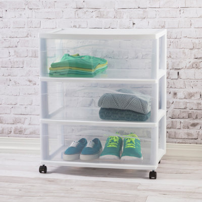 Sterilite Wide 3 Drawer Storage Cart, Plastic Rolling Organizer, White Frame