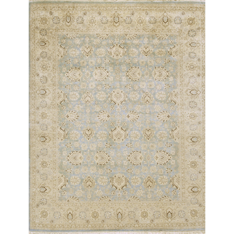 Tapis oriental rectangulaire en laine noué à la main bleu clair / sable, Rectangle 6 pi x 9 pi