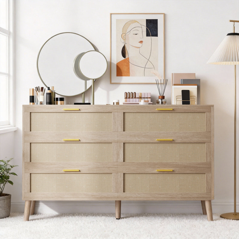 Commode en rotin naturel pour chambre à coucher, commode à 6 tiroirs avec poignées en métal doré, commode de ferme avec 5 pieds robustes pour le salon, le couloir, l'entrée, le chêne