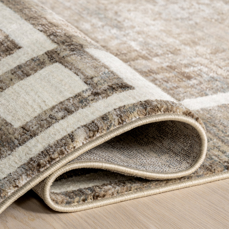 Olvera Beige Geometric Border Synthetic Area Rug, 5' x 7'