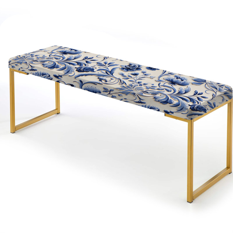 Banc bleu rembourré à motif floral victorien bleu Renaissance