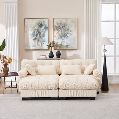 Canapé d'angle en forme de U Cloud, 224 cm L x 145 cm P x 89 cm H, bois et flanelle, ensemble 4 pièces, beige, pouf et 4 coussins inclus.