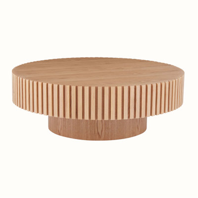 35.43'' Round Wood Coffee Table, Modern Handcrafted Drum Design for Small Space Living Rooms