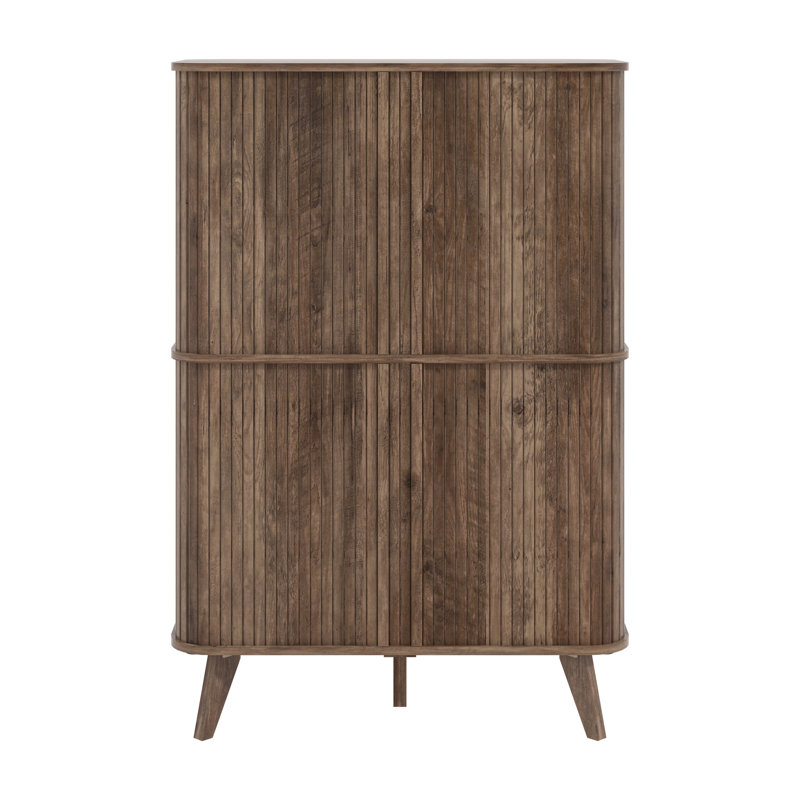 Armoire à chaussures Aurel Mid-Century 18 paires avec portes coulissantes cannelées, Noyer