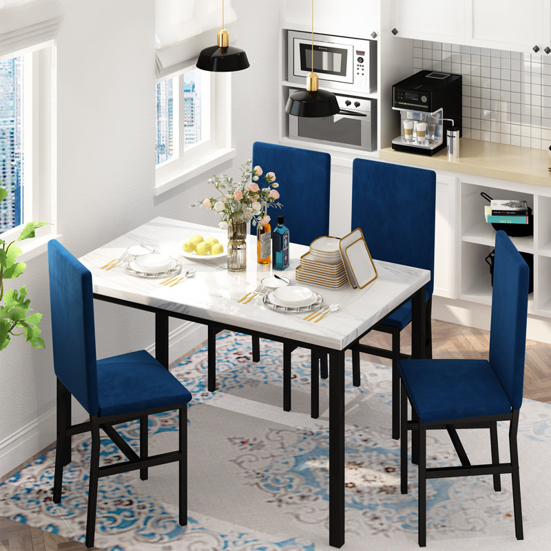 Minimalist 1 Table+4 Chairs Combination, Imitation Marble Texture Design, Steel Frame, Velvet Material Chair Surface, Space Saving And Easy To Match