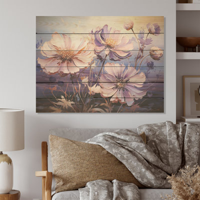 Harmonieux fleurs violettes, art mural sur bois de pin naturel
