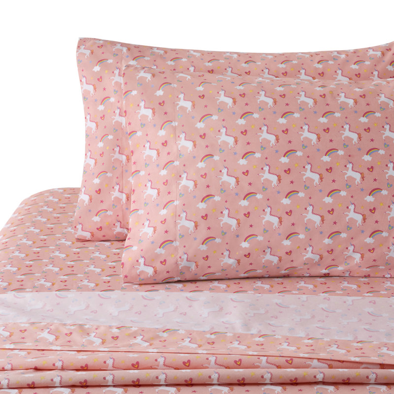 Pink Unicorn Rainbow Cotton Blend Percale Full Sheet Set