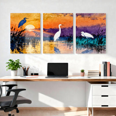 «Watercolor Heron Sunset Landscape», ensemble de 3 reproductions d'art sur toile tendues
