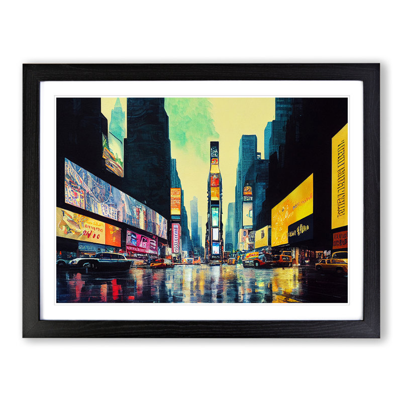 Times Square New York Watercolour Vol.5 - Single Picture Frame Print, Black Framed, 46cm H x 64cm W x 2cm D