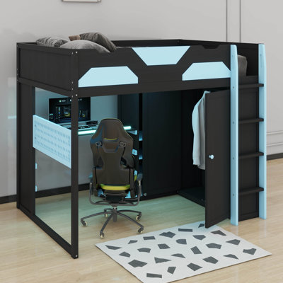 Lit mezzanine double en bois avec bureau, tablettes multiples, lumière USB et RVB