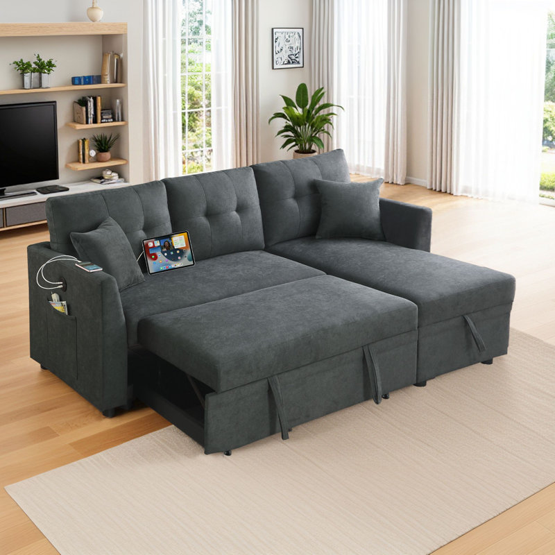 81'5" Convertible Sleeper Sectional Sofa With Pull-Out Bed with USB and Side Pockets, Dark Gray Chenille