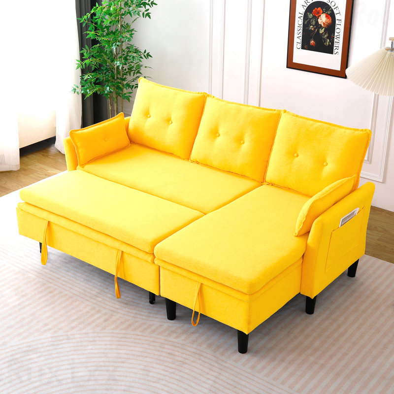 Canapé modulaire à méridienne réversible en L - Tissu en coton et lin, avec rangement, Jaune