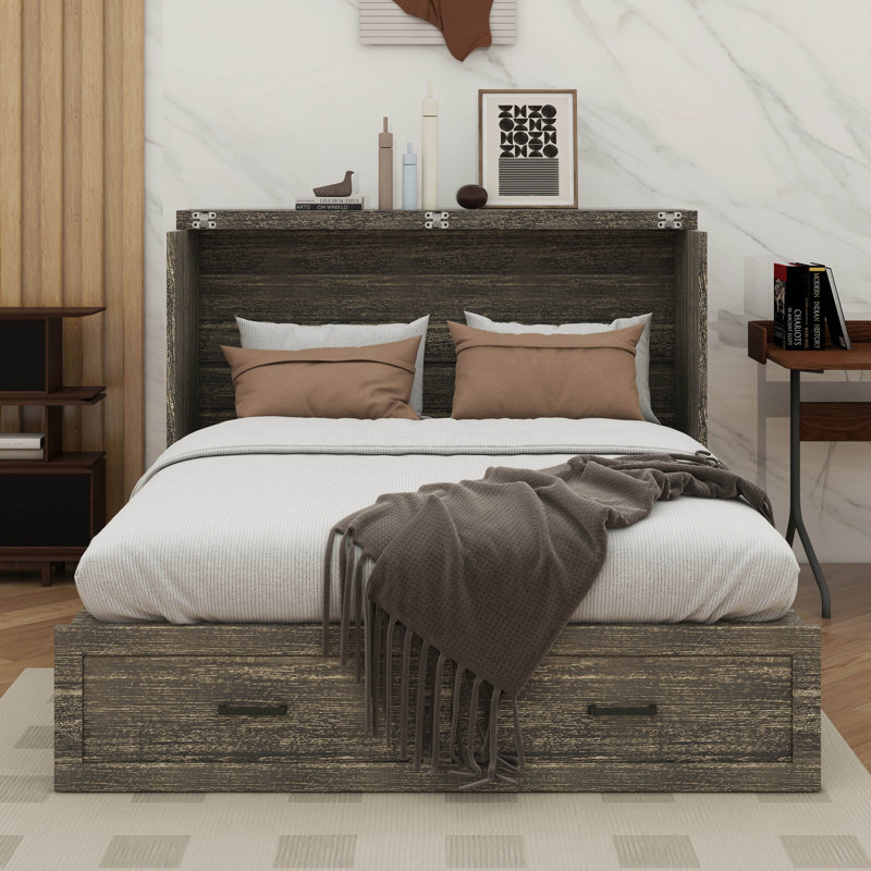 Full-Size Murphy Bed Cabinet With Integrated Charging Station, Multi-Functional Foldable Platform Bed Featuring  Storage Drawer